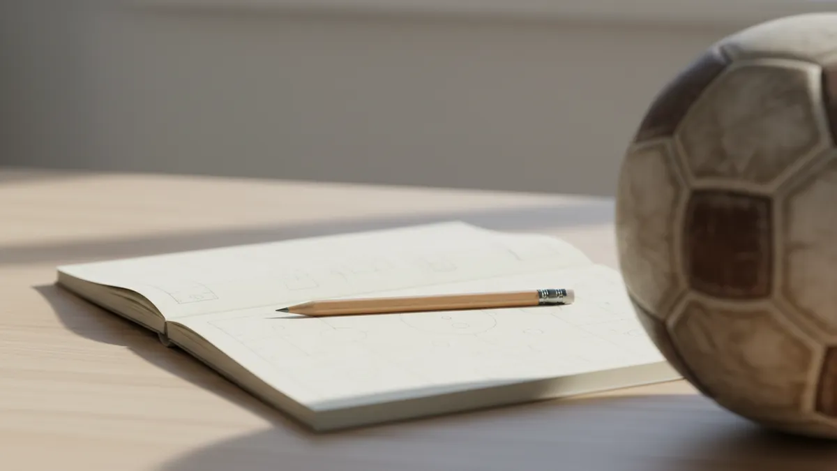 Un cuaderno abierto con marcas de lápiz y un balón de fútbol sobre una mesa de madera.