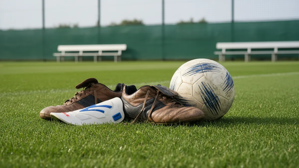 Balón, espinilleras y botas de fútbol sobre el césped de la Premier League.