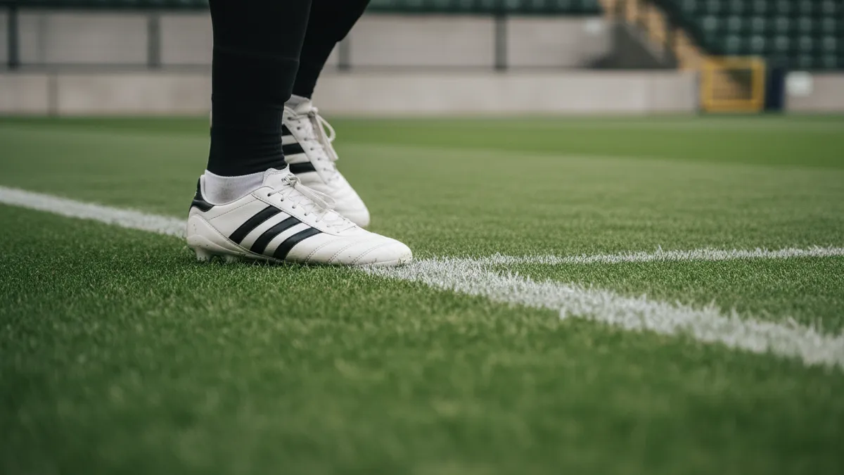 Botas de futbolista en la línea blanca de un campo de la Premier League.