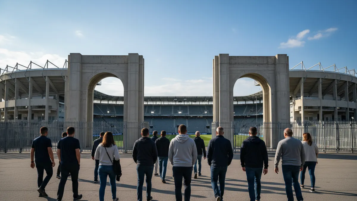 Aficionados de la Premier League caminando hacia las puertas del estadio.