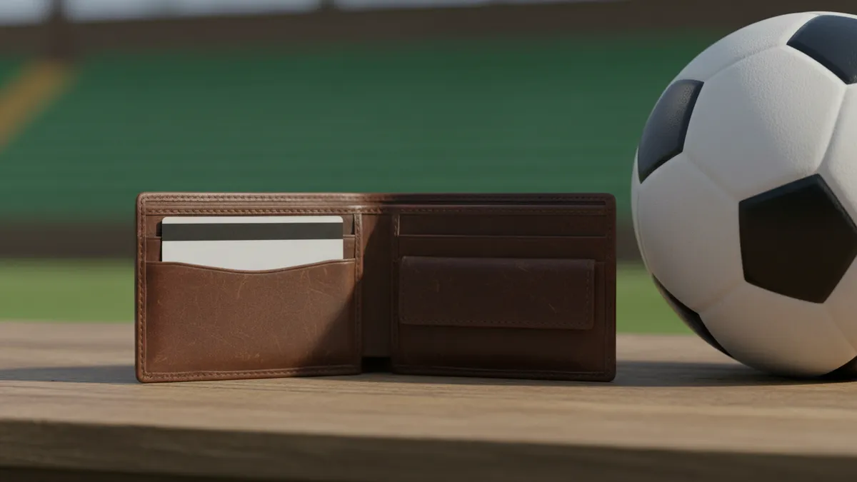 Una cartera con una tarjeta bancaria boca abajo junto a un balón, en una mesa.