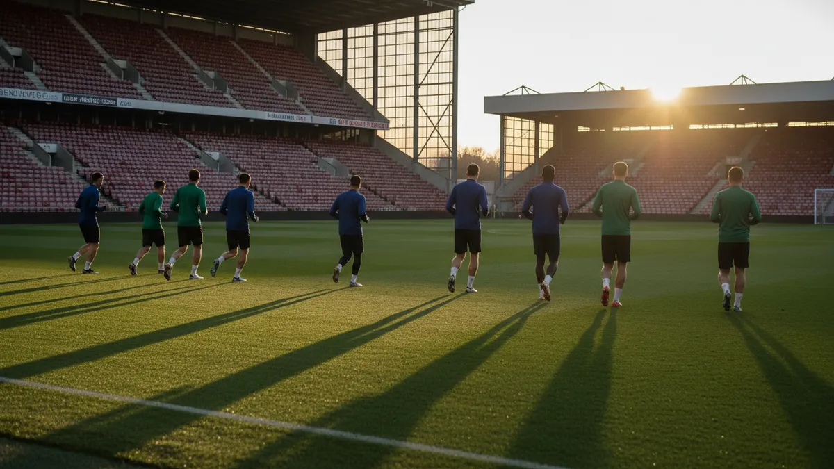 Suplentes de la Premier League calentando en el campo, vistos de espaldas.