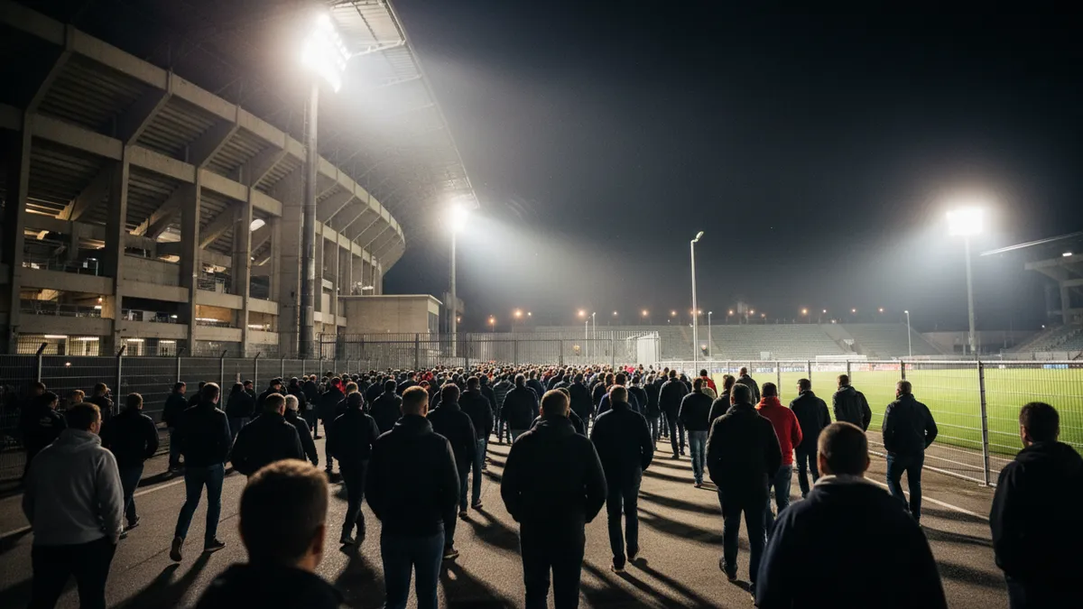 Aficionados de la Premier League caminando hacia el estadio al anochecer.