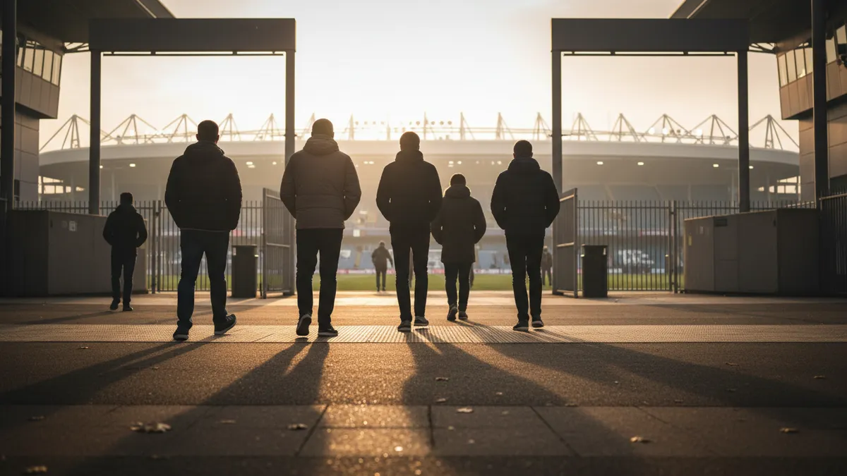 Aficionados de la Premier League caminando hacia las puertas del estadio.