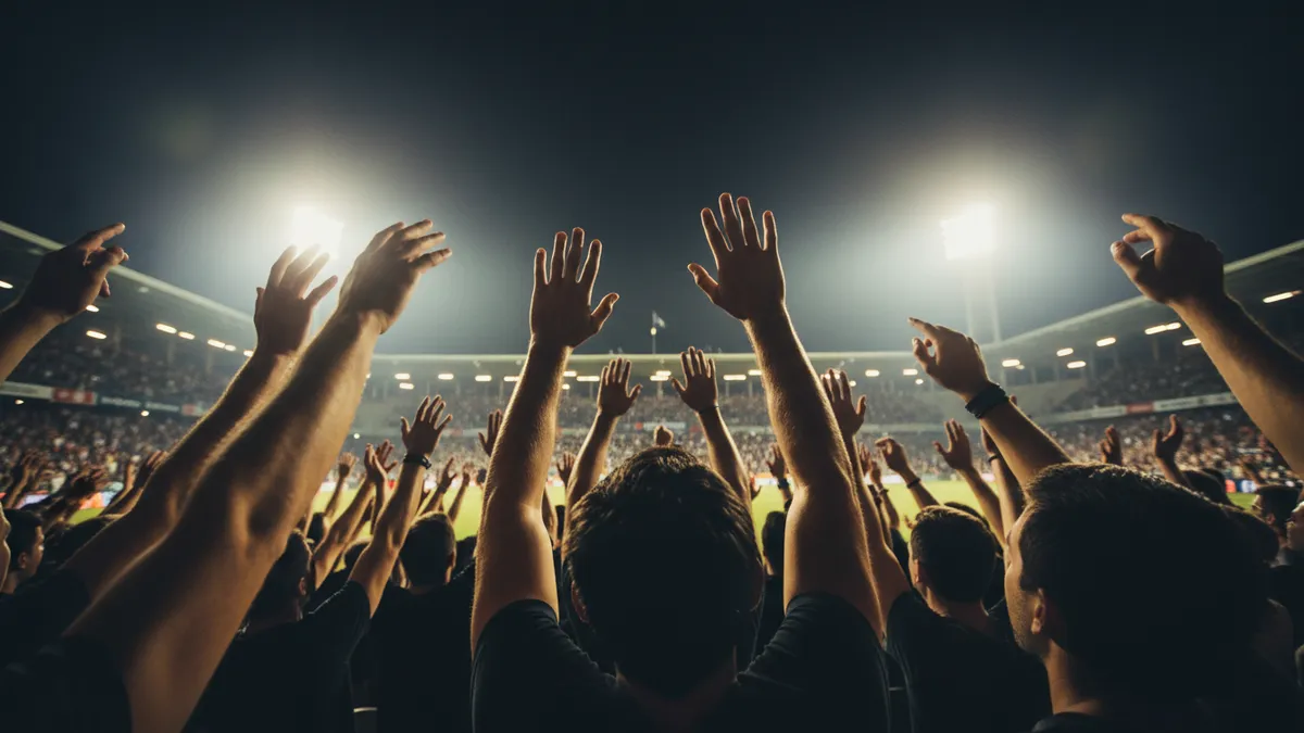 Manos de aficionados levantadas en las gradas de la Premier League al celebrar un gol.