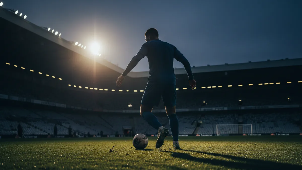 Jugador de la Premier League en acción con el balón, visto desde atrás.
