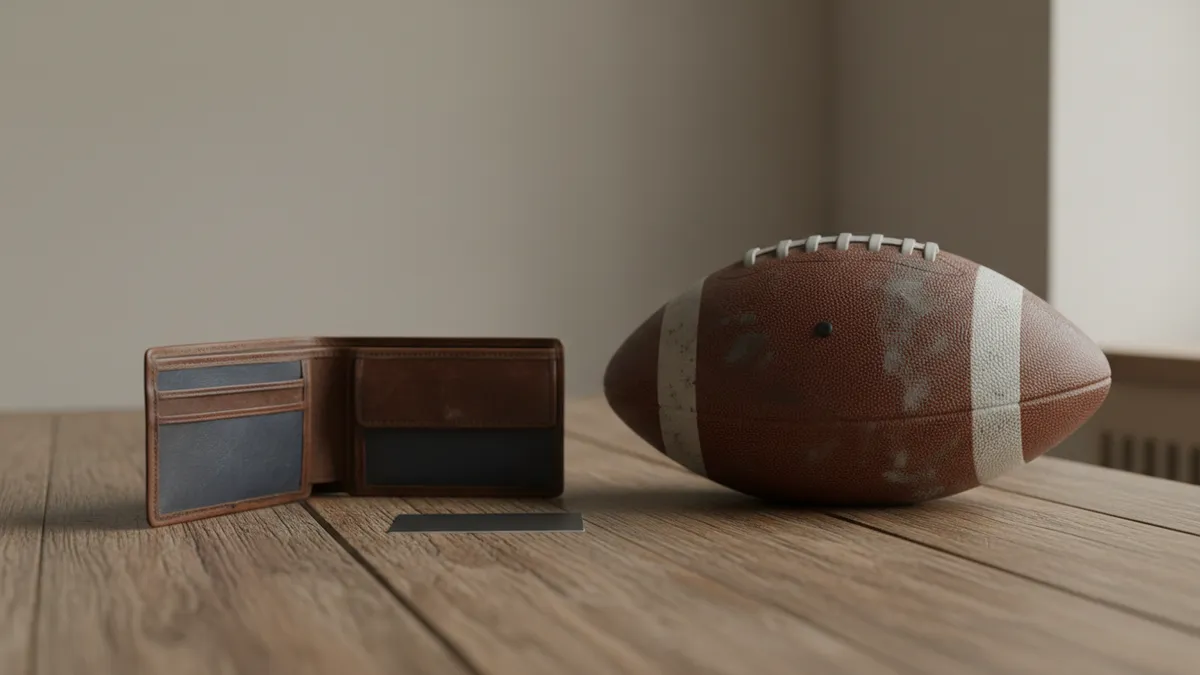 Una cartera con tarjeta bancaria y un balón de fútbol sobre una mesa.