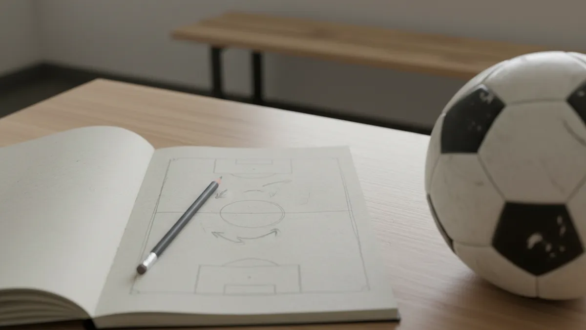 Cuaderno con un campo de fútbol dibujado y un lápiz, junto a un balón.