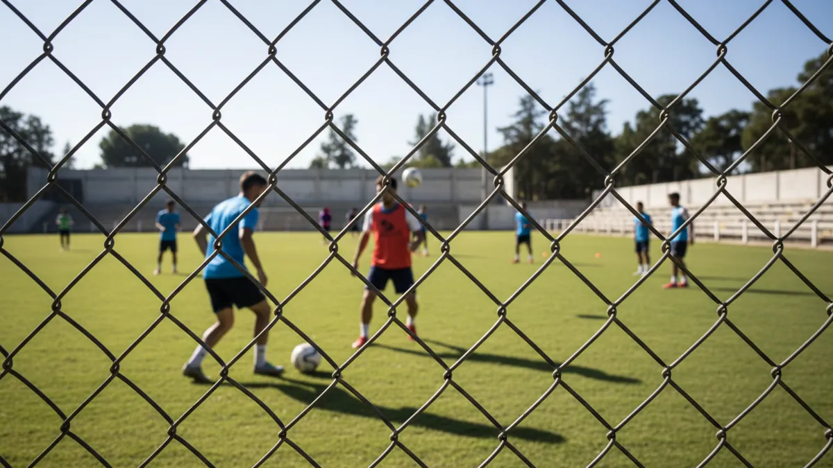 Entrenamiento de la Premier League visto a través de una valla, en un día soleado.