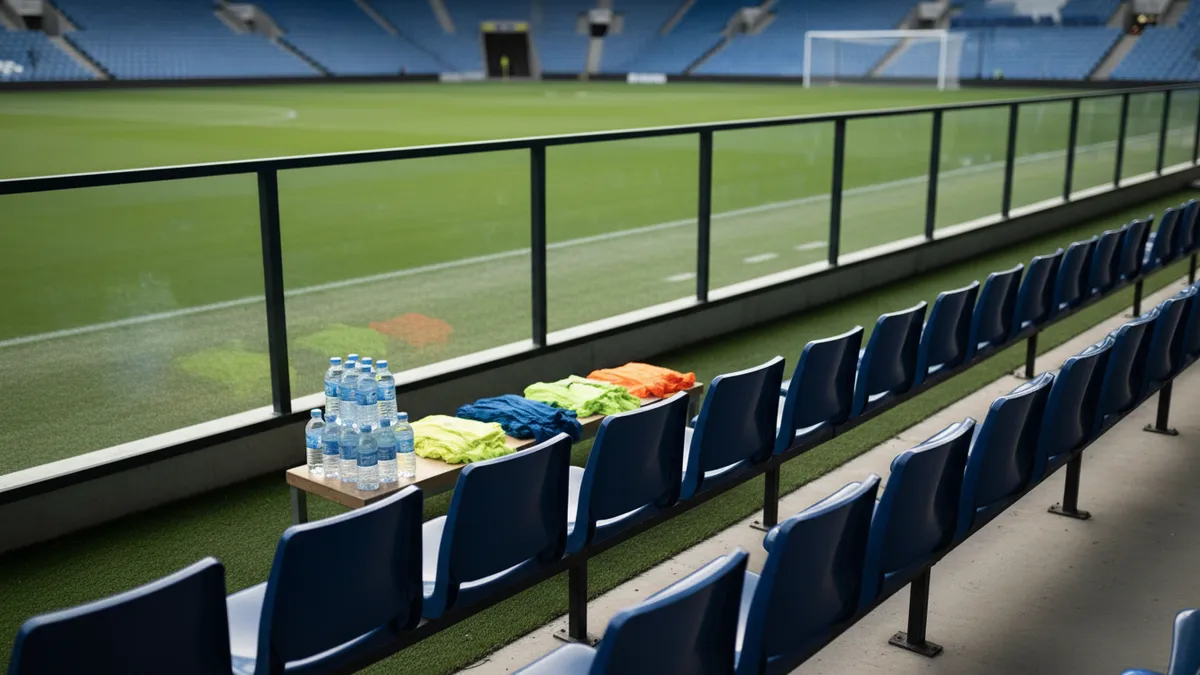 Banquillo de la Premier League con asientos, botellas y petos de entrenamiento.