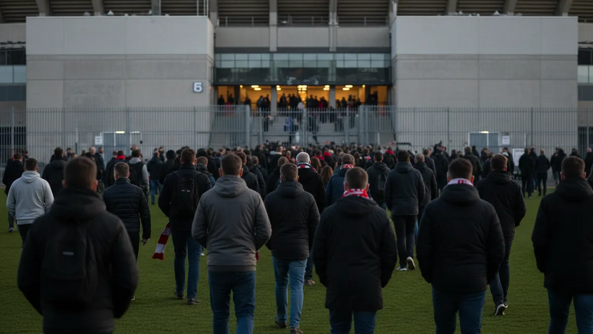 Aficionados de la Premier League caminando hacia un estadio al anochecer.