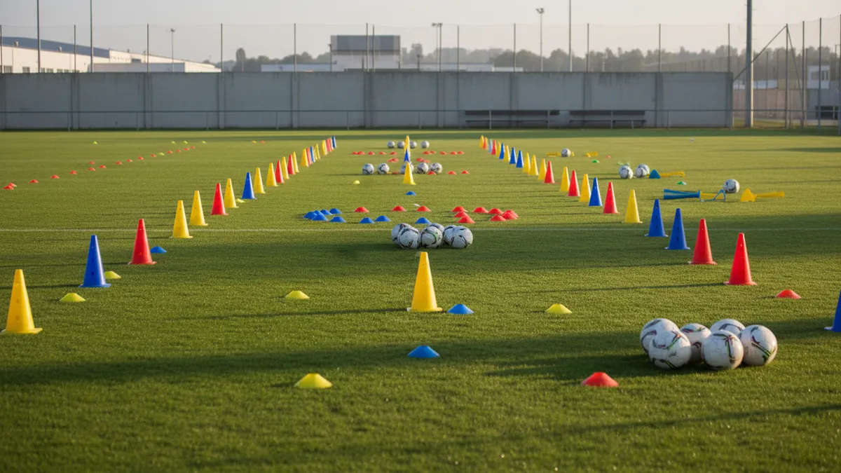 Conos y balones de entrenamiento en el césped de la Premier League, listos para la práctica.