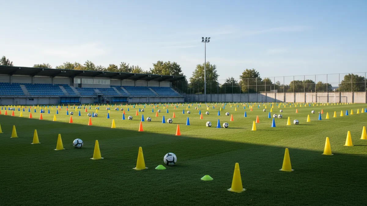 Conos y balones en el césped de un campo de entrenamiento de la Premier League.