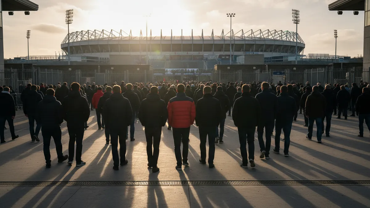 Aficionados de la Premier League caminan hacia el estadio antes de un partido.