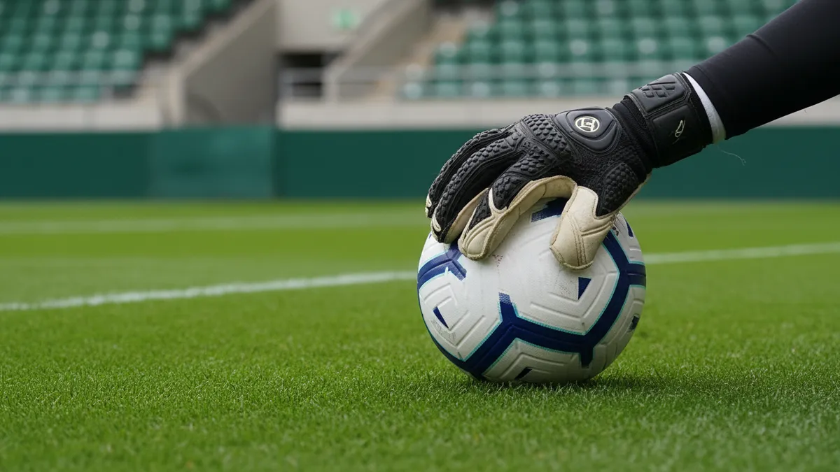Manos enguantadas de portero de la Premier League agarrando un balón de fútbol.