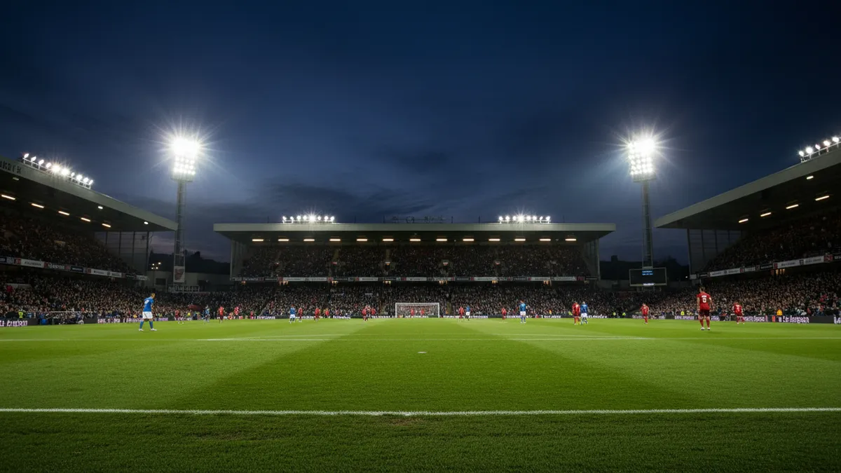Luces de estadio de la Premier League contra el cielo vespertino.
