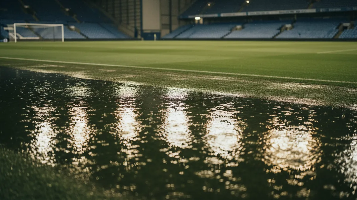 Césped de la Premier League mojado por la lluvia, reflejando focos del estadio.