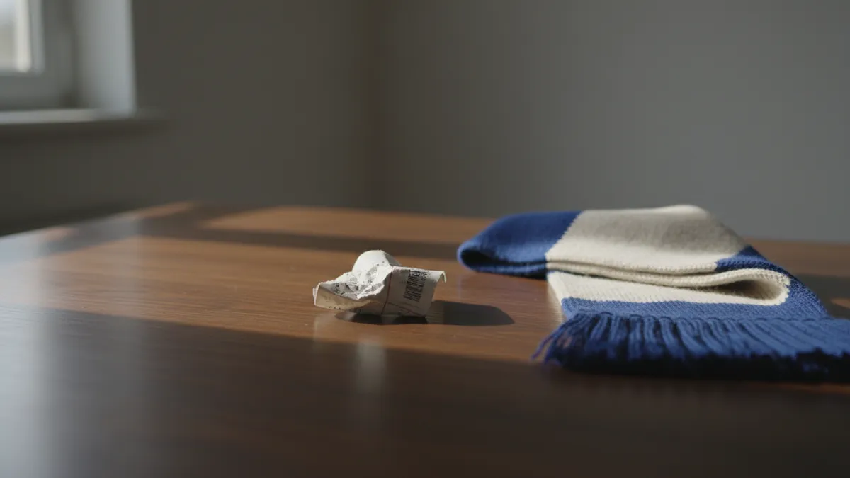 Un talón de entrada y una bufanda lisa sobre una mesa de madera.