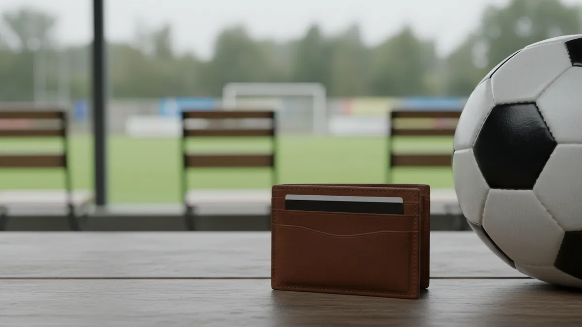 Una cartera con tarjeta bancaria junto a un balón de fútbol en una mesa de madera.