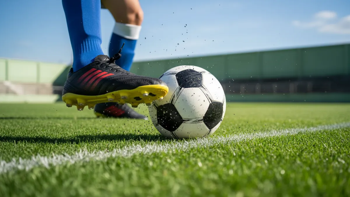 Bota de futbolista golpeando un balón de la Premier League, capturada en movimiento.