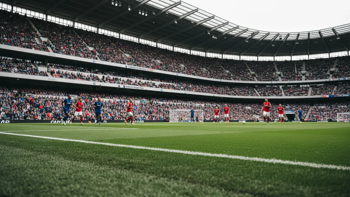 Un estadio de fútbol de la Premier League lleno de aficionados durante un partido.