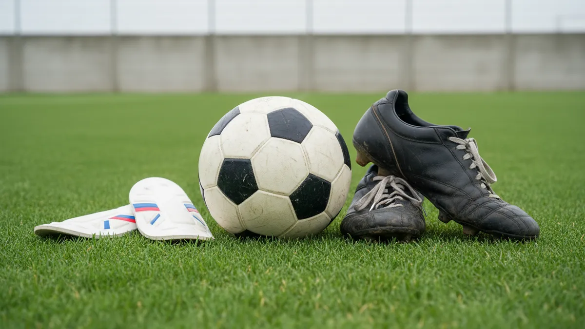 Un balón de fútbol, espinilleras y botas de juego en la hierba del campo.